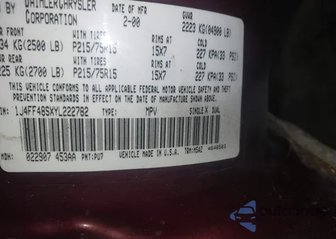 2000 Jeep Cherokee Sport из США, поврежденный, VIN 1J4FF48SXYL222782